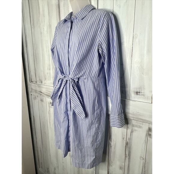 CALVIN KLEIN BLUE WHITE STRIPED LONG SLEEVE BUTTON UP TIE COTTON SHIRT DRESS 6? - Picture 4 of 15